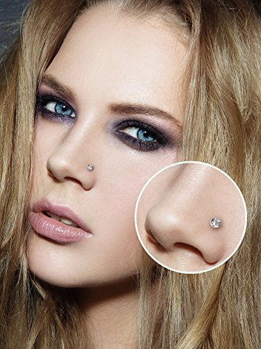 Mudder 20 Pieces Curved Nose Stud Stainless Steel Nose Ring Crystals L Bend Nose Screw Piercing, 20 Gauge - color: White