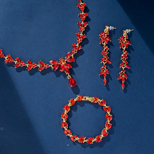 Paxuan Wedding Jewelry Sets for Bride Bridesmaid Bridal Jewelry Set for Women Wedding Crystal Necklace Earrings Bracelet Set for Party Prom Jewelry - color: Red - 14K Gold