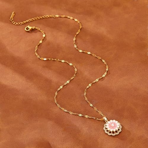 Sunflower Fidget Necklace for Women Gold Moon Necklace Rotating Heart Necklaces Spinning Crystal Flower Anxiety Necklaces Crescent Moons Jewelry Accessories - color: Pink and White