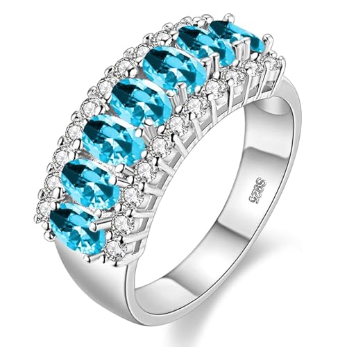 Uloveido Beautiful Women's 7 Stones Wedding Band Oval Cubic Zirconia Engagement Anniversary Rings J501 - color: Platinum-Light Blue