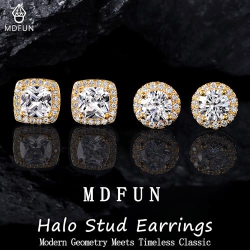 MDFUN Halo Stud Earrings 18K Gold Plated Round/Square/Heart/Teardrop Cubic Zirconia Earrings Set for Women - color: B-Round/Square