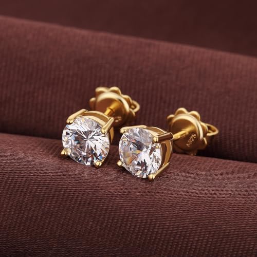 925 Sterling Silver Cubic Zirconia Stud Earrings for Women/Men Hypoallergenic Stud Earrings 4MM-8MM - style: B: Round Stud-Yellow
