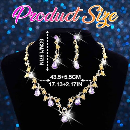 Gold Rhinestone Jewelry Set Bridal Wedding Necklace Earrings Sets Prom Formal Costume Jewelry for Women and Brides - color: Purple