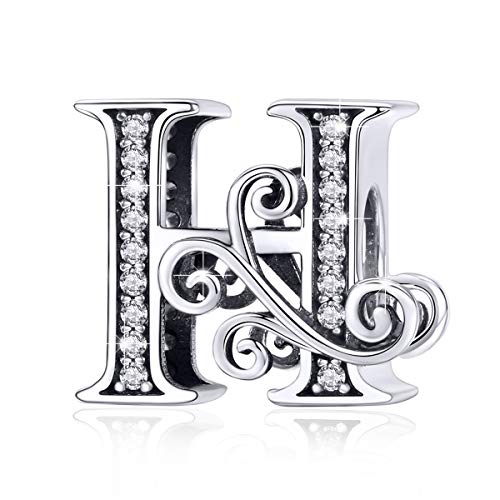 BISAER 925 Sterling Silver Initial Letter A-Z Charms for Bracelets Alphabet Beads Charm Jewelry Gifts - color: Letter H