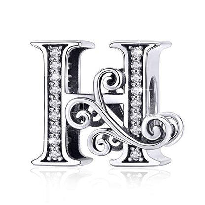 BISAER 925 Sterling Silver Initial Letter A-Z Charms for Bracelets Alphabet Beads Charm Jewelry Gifts - color: Letter H
