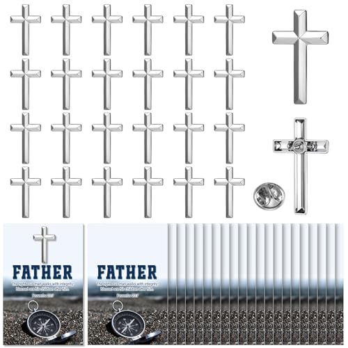 Sayglossy 30 Sets Religious Fathers Day Pins Bulk Christian Cross Lapel Pin with Prayer Card Set Inspirational Catholic Jesus Pins Father Gifts for Church Men Dad Pastor Husband - style: Father