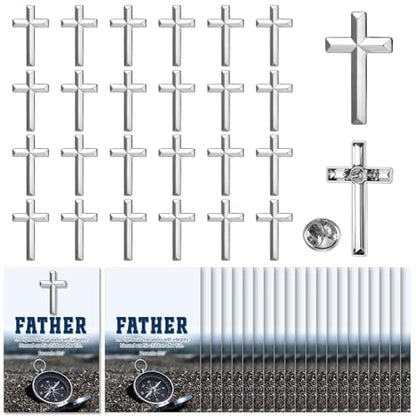 Sayglossy 30 Sets Religious Fathers Day Pins Bulk Christian Cross Lapel Pin with Prayer Card Set Inspirational Catholic Jesus Pins Father Gifts for Church Men Dad Pastor Husband - style: Father