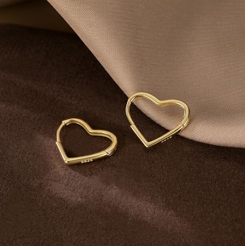 Reffeer Solid 925 Sterling Silver Heart Earrings Hoop Minimalist Sleeper Huggie Earrings For Women - color: B-Yellow