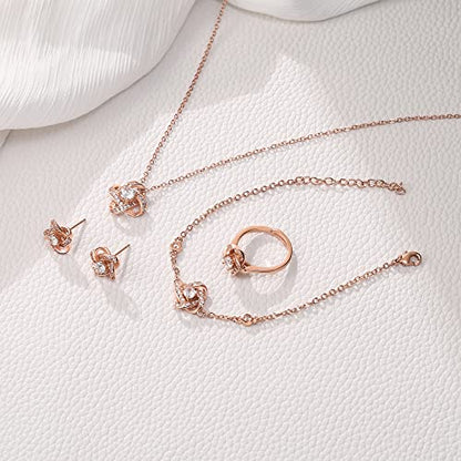 EleQueen Jewelry Set for Women, Silver/Gold/Rose Gold/Plated Sparkle Cubic Zirconia Flower Bud Bridal Necklace Earrings Bracelet Ring Sets for Wedding Prom - color: Rose Gold