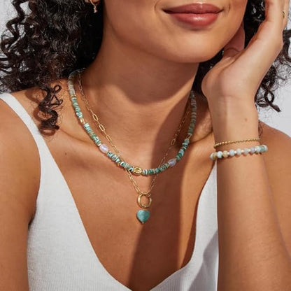KissYan Beaded Necklaces for Women, Layered Pendant Choker for Summer | Stackable Colorful Natural Gemstone Handmade Beach Charm Chain Valentine's Jewelry Gifts For Girlfriend Wife Lover - style: Green Heart