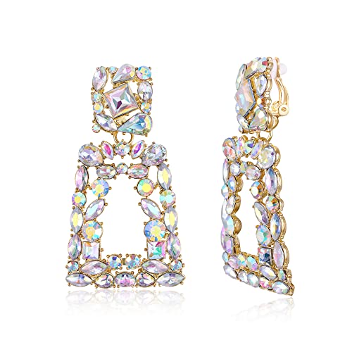 Flyonce Rectangle Clip-on Drop Earrings for Women, Sparkly Rhinestone Crystal Geometric Statement Non Pierced Earring Wedding Prom Party Jewelry for Brides Bridesmaid - color: Iridescent Clear AB Gold-Tone