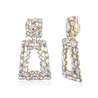 Flyonce Rectangle Clip-on Drop Earrings for Women, Sparkly Rhinestone Crystal Geometric Statement Non Pierced Earring Wedding Prom Party Jewelry for Brides Bridesmaid - color: Iridescent Clear AB Gold-Tone