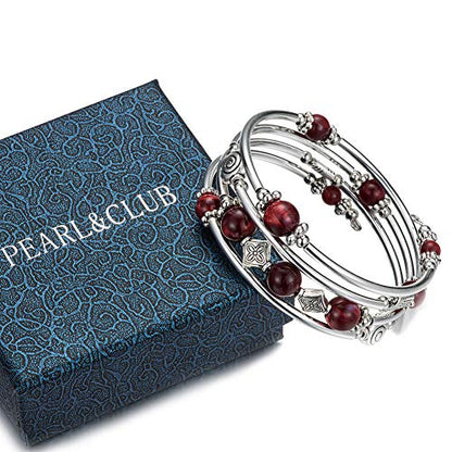 Beaded Pearl Bangle Wrap Bracelet - Fashion Bohemian Jewelry Multilayer Charm Bracelet with Thick Silver Metal Beads, Gift For Women - color: Dark Red