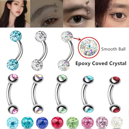 6pc 16G 6/8/10mm Bar Surgical Steel Curved Barbell Coated Crystal Eyebrow Ring Ear Body Piercing Jewelry Set - color: pink