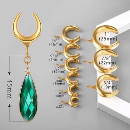 1 Pair Saddle Gauges Earring with Green Crystal Stone Ear Dangle Plugs Tunnels 00G 6mm-25mm (0G-1") Body Piercing Jewelry - color: Gold-1569, size: 16 mm