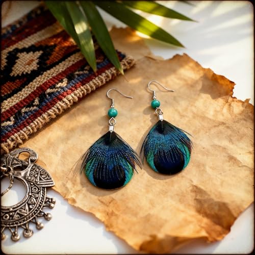 Feather Earrings for Women, Sterling Silver Hook Boho Style Peacock Long Feather Jewelry - color: Peacock Feather-2