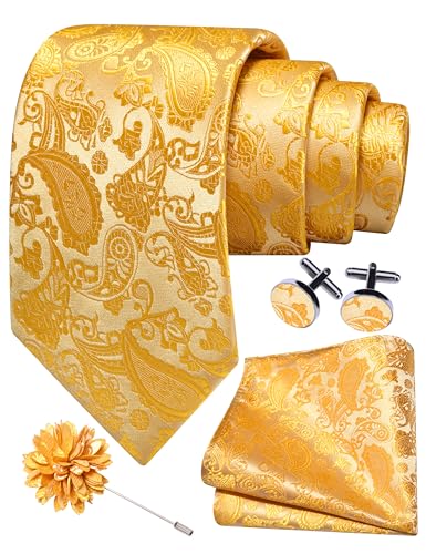 GUSLESON 3.15"（8cm） Mens Paisley Tie and Lapel Pin Necktie Hankerchief Cufflinks Set for Men - color: Gold