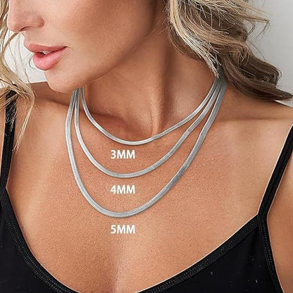 Flat Herringbone Snake Chain Serpentine Necklace For Women Minimalist Adjustable Layering Chic Everyday Gold Tone Silver Tone 3mm 4mm 5mm (Silver 5mm, 17.7+2)