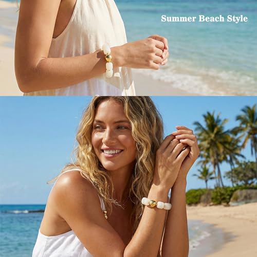 Multicolor Chunky Beaded Bracelet for Women Bold Acrylic Resin Stretch Bracelet Summer Beach Statement Bracelets Trendy Elastic Bangle Jewelry - color: Bead bracelet-cream white