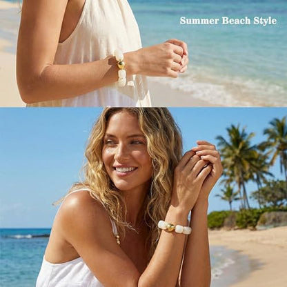 Multicolor Chunky Beaded Bracelet for Women Bold Acrylic Resin Stretch Bracelet Summer Beach Statement Bracelets Trendy Elastic Bangle Jewelry - color: Bead bracelet-cream white