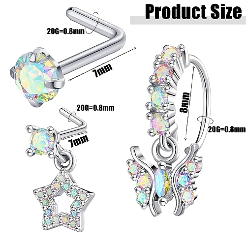 18 Pcs Dangle Nose Ring L Shaped Dangling Nose Stud Nose Ring Hoop Indian Nose Piercing Jewelry with Charm - color: AB