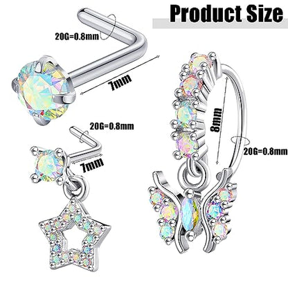 18 Pcs Dangle Nose Ring L Shaped Dangling Nose Stud Nose Ring Hoop Indian Nose Piercing Jewelry with Charm - color: AB