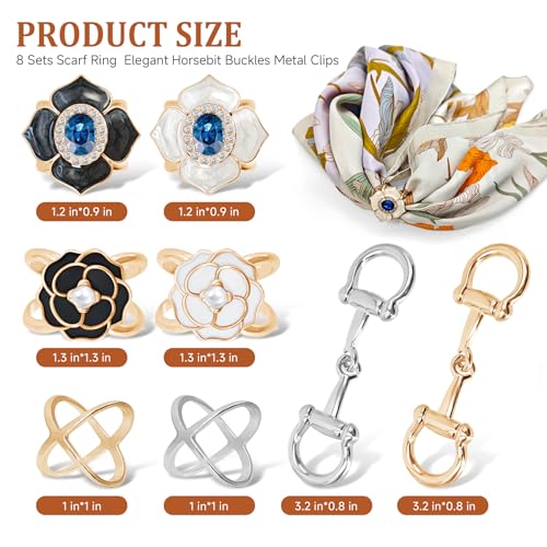 8 Sets Scarf Ring Elegant Horsebit Buckles Metal Clips for Women Scarves Pin Tshirt Ties Clip Perfect for Silk Scarves, Shawls, and Fashion Accessories