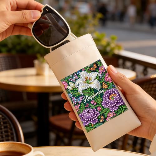 Diamond Art Painting Eye Glass Bag PU Sunglasses Glasses Storage Bag Built-in Glasses Cloth Press Automatic Closure - color: Flowers