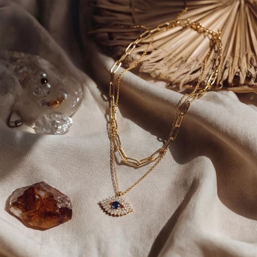 MEVECCO Dainty Pendant Layered Necklaces for Women | 18K Gold Plated Brass, 2-Piece Set With A Choker-Length Upper Layer, Wear Together Or Separately, Refined Everyday Style - style: Layer Blue Eyes
