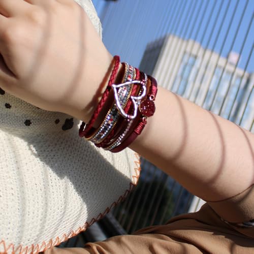 Womens Love Heart Leather Wrap Bracelet Multi-layer Stacked Bangle | Magnetic Clasp Soft PU Leather Resin Stone Rhinestone Boho Style Birthday Valentine Christmas Bohemian Jewelry Gift - color: Wine Red