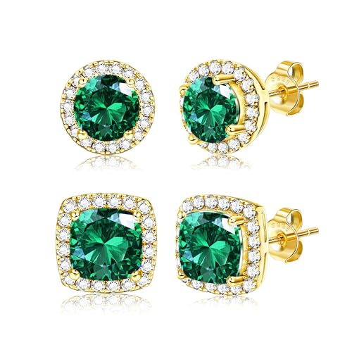 18K Gold Plated Halo Stud Earrings 925 Sterling Silver Cubic Zirconia Stud Earrings Round Square Diamonique Stud Earrings Set for Women Men - color: Gold&Green