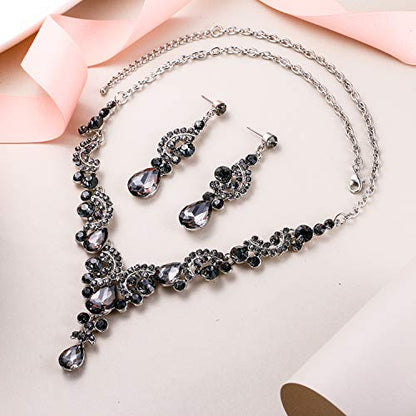EVER FAITH Rhinestone Crystal Bridal Floral Wave Teardrop Necklace Earrings Set - color: 2pcs_Grey