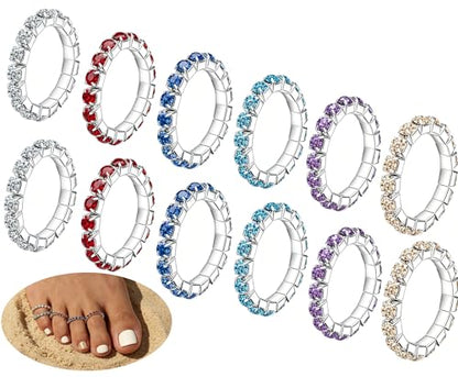 12Pcs Toe Rings for Women Non Tarnish Rhinestones Toe Rings Set Adjustable Stackable Summer Beach Foot Jewelry - color: Colorful
