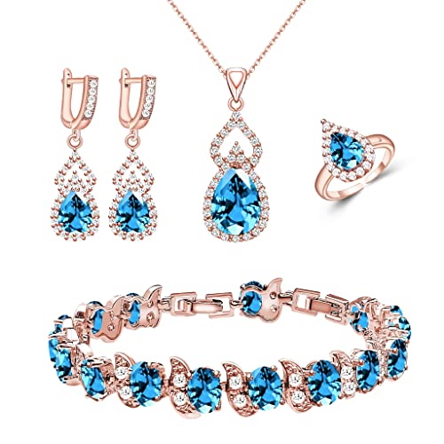 LMXXVJ Women Jewelry Set Platinum Plated Necklace Open Ring Earrings Bracelet Set,Birthday/Anniversary Mother’s Day Jewelry Gifts for Mom/Wife/Sister/Best Friend - color: Rose Gold-Sky Blue