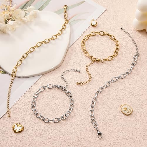 KYUNHOO 6.7 Inches Bracelet Chain for Jewelry Making Adjustable Extender | 10pcs Stainless Steel Jewelry Links on Bulk Silver and Gold Plated Embossed Oval Chains for Bracelets DIY - color: oval cable