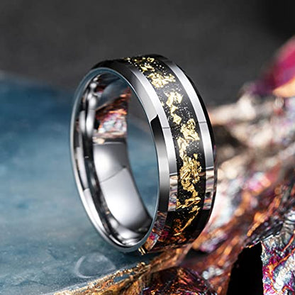 King Will Mens Wedding Band with Foils Inlay, Black/Silver/Gold Beveled Edge Glowstone Ring, 6mm/8mm Tungsten Carbide Rings Comfort Fit - color: Silver&Gold-8mm