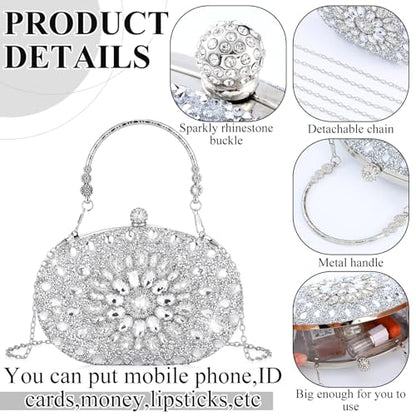 Quelay 4 Pcs Purse Rhinestone Jewelry Set Women | Wedding Bridal Prom Jewelry Sparkly Clutch Handbag with Necklace Bracelet Dangle Earrings Shiny Costume Kit - color: Silver, style: Traditional