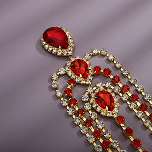 Bohemian Full Rhinestone Chain Red Crystal Head Chain Clip Drop Pendant HeadPieces Forehead Headband Hair Accessories for Wedding Brides Party Prom Costume (Gold Red) - color: Gold Red