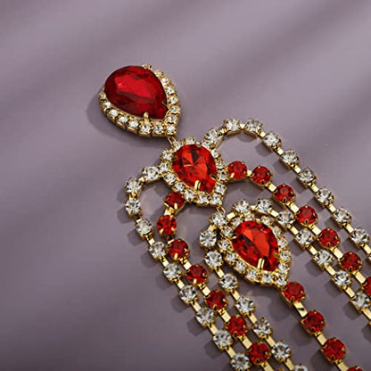 Bohemian Full Rhinestone Chain Red Crystal Head Chain Clip Drop Pendant HeadPieces Forehead Headband Hair Accessories for Wedding Brides Party Prom Costume (Gold Red) - color: Gold Red