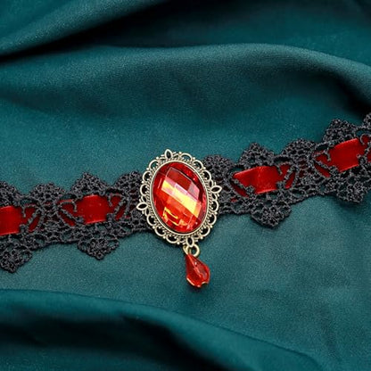 AILUOR Punk Rock Wedding Party Handmade Black Lace Choker, Gothic Retro Lolita Beads Chain Vampire Pendant Necklace for Women Halloween - color: Red
