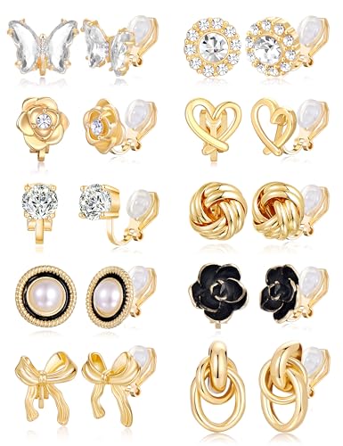 Tornito 10-15 Pairs Clip on Stud Earrings Non Pierced Teardrop Round Square CZ Pearl Twist Knot Flower Butterfly Heart Star Rainbow Cat Opal Clip on Earrings for Women - color: K:10 Pairs Gold Tone