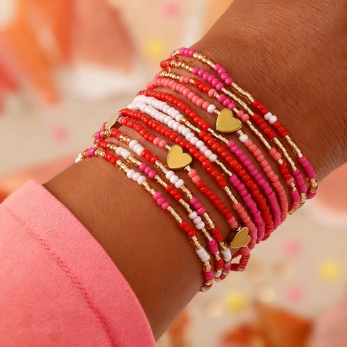 Gold Beaded Bracelets Stack for Women Stocking Stuffers 12PCS Boho Gold Plated Seed Beads Bracelet Stretch Star Stackable Accessories Jewelry Friendship Fall Christmas Gifts for Women - color: Heart Pink