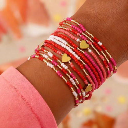 Gold Beaded Bracelets Stack for Women Stocking Stuffers 12PCS Boho Gold Plated Seed Beads Bracelet Stretch Star Stackable Accessories Jewelry Friendship Fall Christmas Gifts for Women - color: Heart Pink