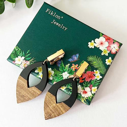 Wooden Geometric Clip On Earrings Women Gold Black Wood Non Pierced Ears Dangle Drop Earrings Triangle Leaf Comfortable Clip Earrings Jewelry - color: Leaf_Black+Gold