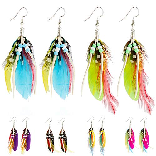 Boho Colorful Feather Dangle Earrings Handmade Beads Taseel Fashion Earrings for Women - color: Purple