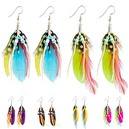 Boho Colorful Feather Dangle Earrings Handmade Beads Taseel Fashion Earrings for Women - color: Purple