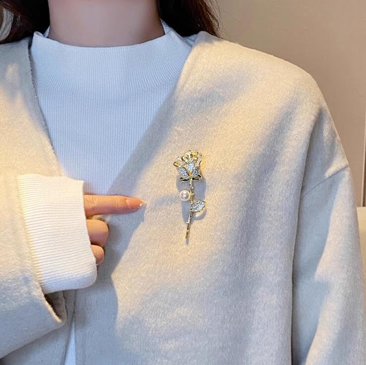 Anmpab Sparkling Rose Flower Brooch with Rhinestone Luxury Crystal Floral Pearl Pin for Women Wedding Bridal Jewelry for Blazer Dress Scarf Hat - color: Silver