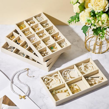 12 Pcs Jewelry Tray Velvet Stackable Jewelry Organizer Trays Divided Earring Accessories Storage Containers Box (Rose Red) - color: Beige