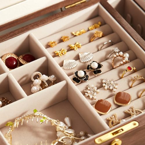 CHOSIN Black Walnut Wooden Jewelry Box for Women with Lock, Mirror, 4 Layer | Lockable wity Key, 3 Drawers, 2 Side Doors, Large Capacity for Necklaces, Earrings, Rings, Watches, Brooches, Women Gifts - size: 4 Layer - Full Lock