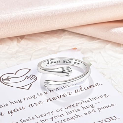 Sterling Silver Hug Ring for Women Teen Girls Adjustable Love Promise Ring Inspirational Open Rings Mothers Day Birthday Gift for Daughter Granddaughter Mom Wife Best Friend - color: Silver / Gift Box (Always with you)